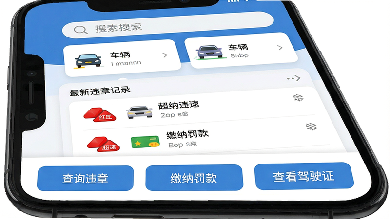 主体为手机屏幕界面,显示“交通违章处理宝”APP首页,布局清晰,顶部有搜索栏和车辆信息卡片,中部列出最新违章记录列表,底部有“查询违章”、“缴纳罚款”、“查看驾驶证”三个大按钮,风格扁平化现代UI设计,细节包含真实的违章图标(如闯红灯、超速),画质高清,干净,无多余元素,文字加引号“交通违章处理宝”