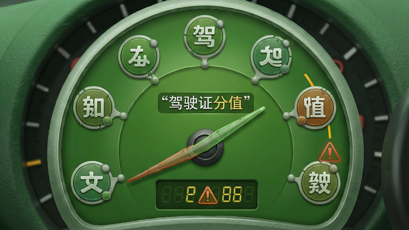 仪表盘式图形界面,显示驾驶证剩余分值指针,周围环绕不同扣分项目的图标,布局环形分布,风格拟物化绿色清新,细节包含分值数字和警告标志,画质细腻,干净,无多余元素,文字加引号“驾驶证分值”