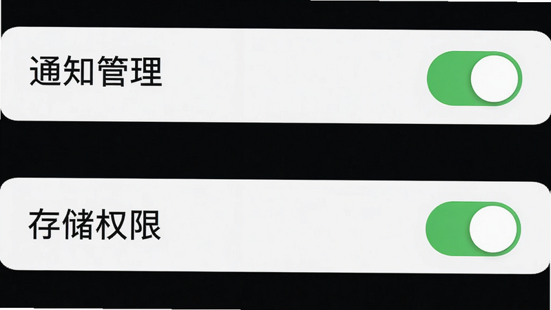 手机设置界面,显示“通知管理”和“存储权限”选项,布局垂直列表,风格系统原生UI,细节包含开关按钮处于开启状态,画质清晰,干净,无多余元素,文字加引号“权限设置”