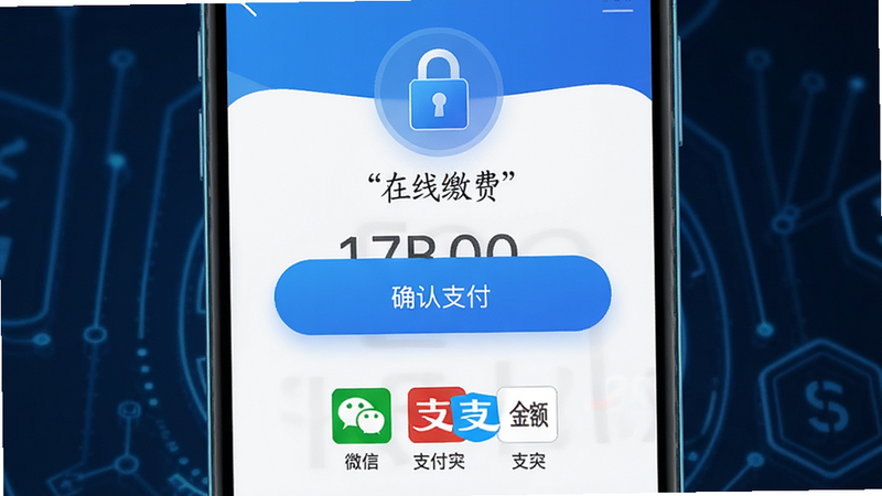 手机支付界面,显示“确认支付”按钮和金额,上方有安全锁图标,布局中心对齐,风格科技感蓝色调,细节包含支付渠道图标(微信、支付宝),画质清晰,干净,无多余元素,文字加引号“在线缴费”
