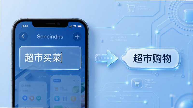 拾光记账智能分类功能演示图,左侧显示输入框内容为“超市买菜”,右侧箭头指向自动生成的“超市购物”标签,背景为浅蓝色科技风,线条流畅,细节精致,4k画质