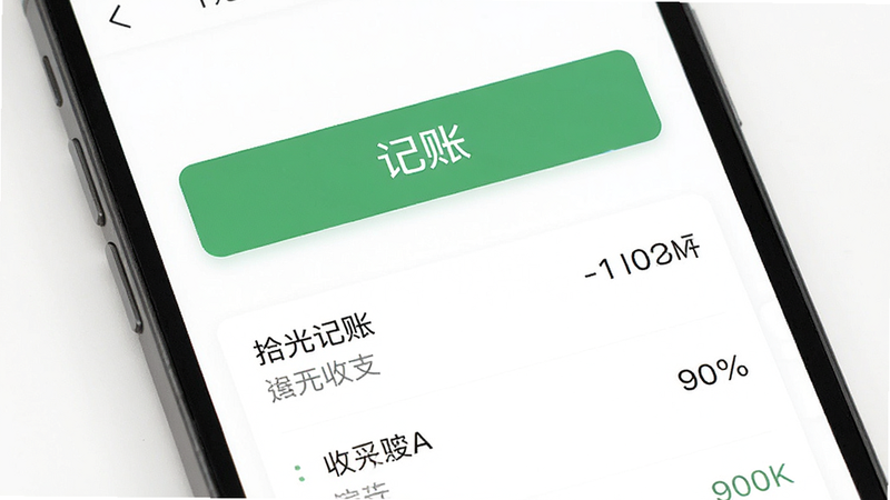 拾光记账手机应用主界面预览图,展示简洁的白色背景,中央有绿色的“记账”大按钮,下方列出最近三笔收支记录,字体清晰,布局扁平化,风格清新自然,高清,无多余元素