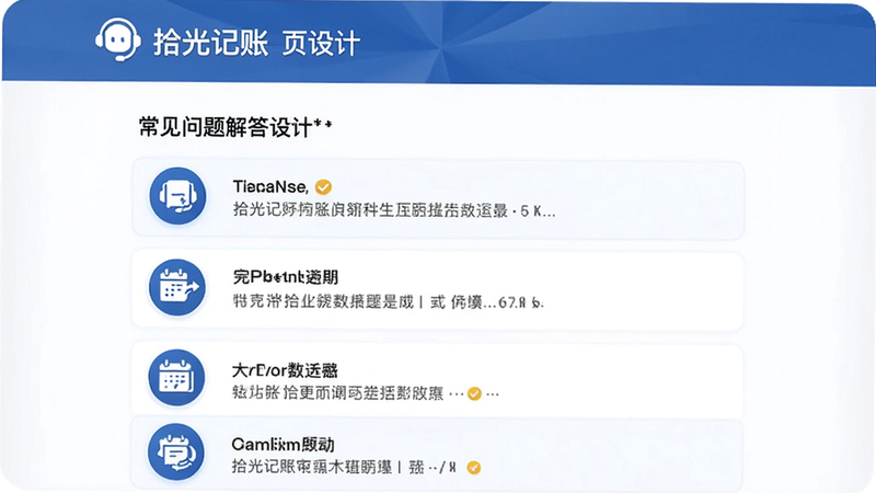 拾光记账常见问题解答页面设计,包含问答列表样式,背景简约,文字清晰,图标醒目,展现专业客服形象,高清,无水印