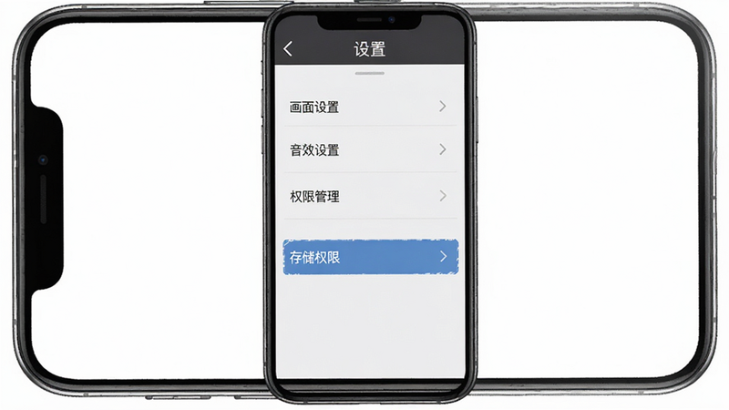 Boogu-Image风格,主体为手机屏幕显示游戏《刀锋狂潮》的设置界面,布局为垂直列表,排版简洁,风格为UI设计展示,细节显示“画面设置”、“音效设置”、“权限管理”等选项,其中“存储权限”被高亮选中,文字