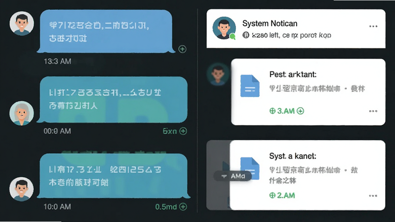 主体为聊天界面示意图,左侧显示用户头像和气泡消息,右侧显示系统通知或文件卡片,布局左右对称,排版紧凑,风格扁平化,细节包含时间戳和已读标记,画质清晰,干净,无多余元素