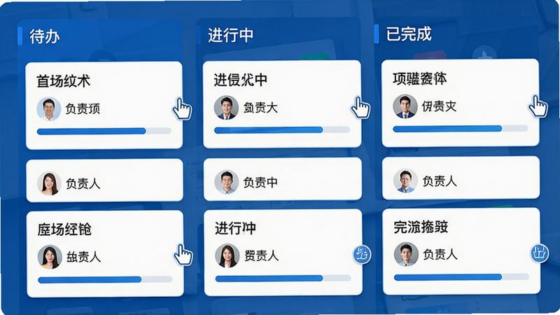 主体为任务管理看板,分为“待办”、“进行中”、“已完成”三列,卡片式布局,每个卡片上有标题、负责人头像和进度条,排版规整,风格商务蓝,细节包含拖拽手柄图标,画质高,干净,无多余元素