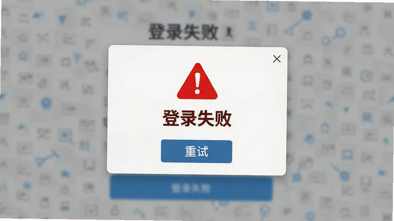 主体为登录失败提示弹窗,背景为模糊的登录界面,弹窗中有红色警告图标和“登录失败”文字,布局居中,排版醒目,风格警示性,细节包含“重试”按钮,画质清晰,干净,无多余元素