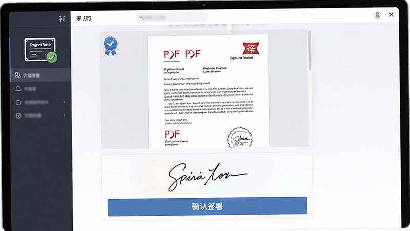 主体为电子签署界面,中间显示一份PDF文档预览,底部有一个手写签名区域和“确认签署”按钮,布局上下结构,排版清晰,风格专业严谨,细节包含数字证书图标,画质精细,干净,无多余元素