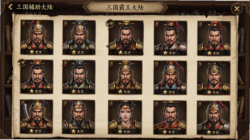 主体为三国霸王大陆(中文辅助菜单)的武将图鉴界面,展示多个三国武将立绘头像,排列成网格状,背景为木质书架纹理,风格古典雅致,细节精致,画质高清,干净,无多余元素