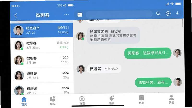 画面主体为微聊客App的主界面预览图,展示左侧好友列表与右侧聊天窗口,布局清晰整洁,排版现代简约,风格为扁平化商务设计,细节包含顶部状态栏、底部功能导航栏及气泡消息样式,画质高清8k,干净无多余元素,文字'微聊客'清晰可见