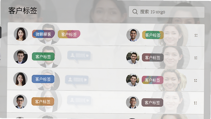 微聊客客户标签管理界面,主体为客户列表页,每个头像旁带有彩色标签,布局列表式垂直排列,排版简洁大方,风格商务灰白基调,细节展示标签颜色区分与搜索框,画质高清,干净无干扰,文字'客户标签'可见