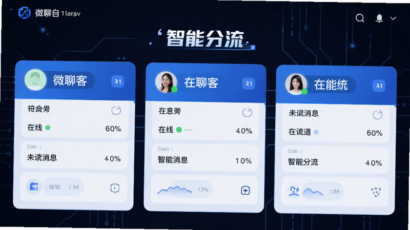 展示微聊客多账号管理界面的概念图,主体为三个并排的账号卡片,布局对称平衡,排版紧凑有序,风格科技感蓝色调,细节显示每个账号的在线状态与未读消息数,画质清晰锐利,干净无杂色,文字'智能分流'醒目