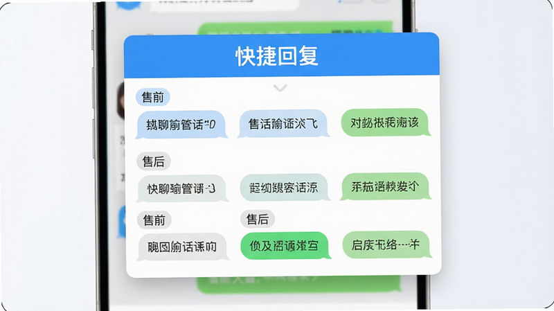 微聊客快捷回复功能演示图,主体为弹出的快捷回复选择面板,布局悬浮于聊天窗口上方,排版网格化整齐,风格清新明亮,细节展示分类标签如'售前'、'售后'及具体话术气泡,画质精细,干净背景,文字'快捷回复'高亮