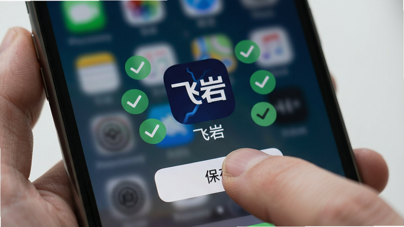 主体为飞岩应用在手机上的实际操作演示,手指正在点击屏幕上的‘保存’按钮,背景为模糊的手机桌面,中央清晰显示'飞岩'的应用图标和名称,周围有对勾图标表示操作成功,风格为写实摄影风,高清细节,光线柔和,无多余元素,文字清晰,布局自然,无水印,无阴影,突出操作的便捷性
