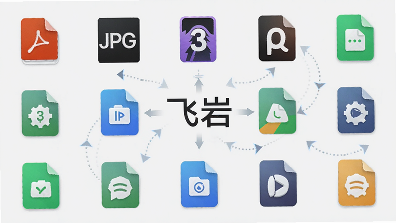 主体为飞岩应用的文件管理界面,展示多种文件图标如PDF、JPG、MP3等,排列整齐,背景为浅灰色,中央有'飞岩'的标识,周围有箭头指示数据流向,体现多格式支持,风格为简约商务风,高清细节,无多余装饰,文字清晰,布局规整,无水印,无阴影,纯白背景,突出功能的全面性
