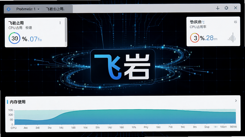 主体为飞岩应用运行时的性能监控界面,显示CPU占用率极低,内存使用平滑,背景为科技感蓝色网格,中央悬浮着'飞岩'的Logo,周围环绕着数据流线条,体现高效与稳定,风格为科技极简风,高清渲染,无杂乱元素,文字清晰,布局对称,细节精致,无水印,无阴影,纯黑背景,突出应用的高效特性