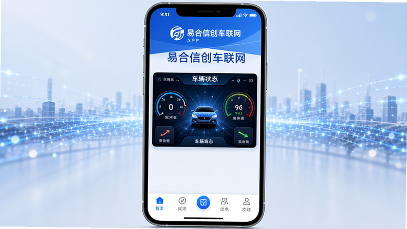 主体为“易合信创车联网”APP界面预览图,布局采用居中对称设计,顶部显示品牌Logo,中部展示车辆实时状态仪表盘,底部为功能导航栏,风格为现代科技商务风,细节处体现数据流动的光效,画质高清8K,色彩以蓝白为主,干净无多余元素