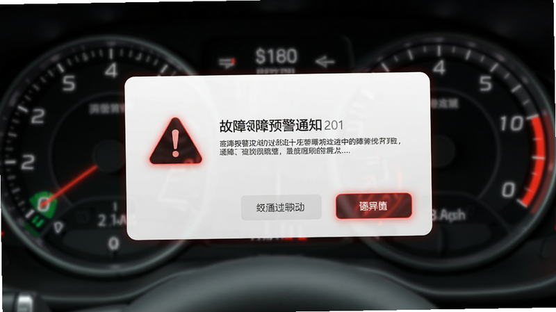主体为故障预警通知弹窗,布局为居中对话框,包含警告图标和文字描述,背景为模糊的车辆仪表盘,风格为警示性设计,细节处有红色高亮标记,画质清晰,视觉焦点集中