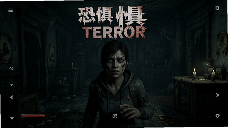 画面主体为游戏《恐惧 TERROR》的主界面或核心玩法场景,布局采用中心聚焦式,排版简洁大气,风格为暗黑写实主义,细节丰富展现阴森氛围与角色紧张神态,画质超高清,干净无多余元素,文字
