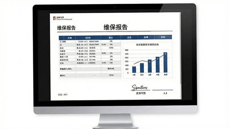主体为一份电子报告预览界面,标题为“维保报告”,包含表格和图表,背景为白色,布局严谨,风格正式商务,细节包含页码和签名栏,画质高清,干净,无多余元素