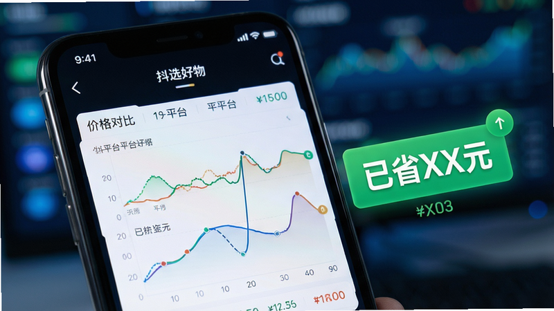 手机屏幕特写,显示“抖选好物”APP内的价格对比页面,左侧列出不同平台的价格曲线图,右侧显示“已省XX元”的绿色标签,背景虚化,突出数据可视化效果,风格科技感强,细节清晰,画质纯净