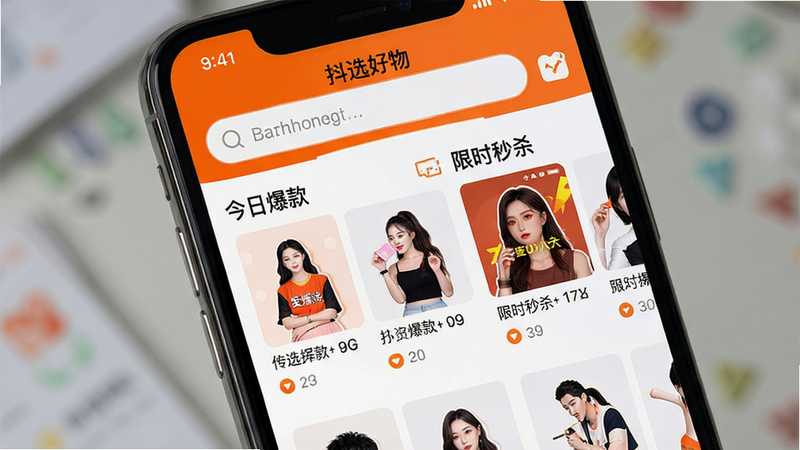 一张高清手机应用界面截图,主体为“抖选好物”APP首页,顶部显示搜索栏,中间展示“今日爆款”和“限时秒杀”板块,布局清晰整洁,色调以白色和橙色为主,风格现代简约,画质超清,无多余元素