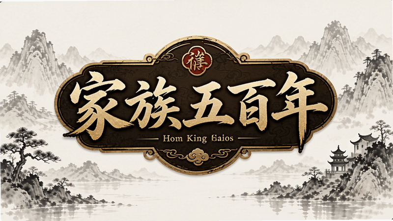 生成一张横幅风格的插画,主体是“家族五百年”游戏Logo,背景为淡雅的中国风水墨山水,布局居中,排版大气,风格古典优雅,细节丰富,画质高清,干净,无多余元素