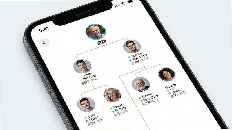 生成一张手机界面截图风格图,主体是家族树状图,布局层级分明,排版清晰,风格现代UI,细节显示角色头像与属性,画质清晰,干净,无多余元素