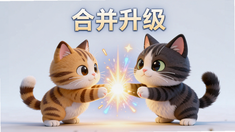 主体为游戏内部场景,展示三个相同等级的卡通猫咪正在合并成一个更高级的猫咪,布局动态感强,排版聚焦于合并瞬间的特效,风格为Q版3D渲染,细节丰富如毛发质感和特效光晕,画质细腻,干净背景,文字“合并升级”浮现在上方