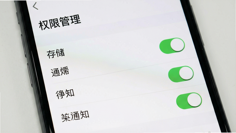 主体为手机设置界面截图,显示权限管理页面,布局清晰列出存储、通知等权限开关,排版简洁,风格为系统原生UI,细节处可见勾选状态,画质清晰,干净背景,文字“权限管理”标题可见