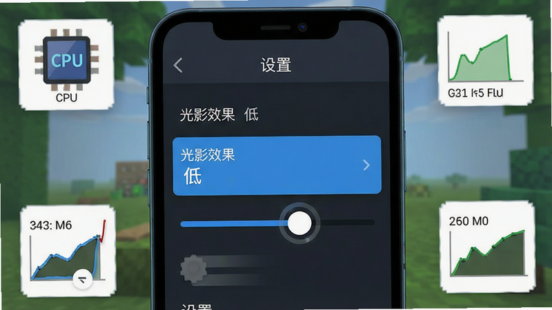 主体为手机屏幕显示方块建造游戏的设置界面,布局展示“图形设置”菜单,其中“光影效果”选项被高亮显示为“低”,周围环绕着手机硬件参数图标如CPU和GPU利用率曲线,排版清晰直观,风格为扁平化UI设计,细节表现为滑块调节的动效示意图,画质清晰,干净,无多余元素,文字“光影效果”、“低”、“设置”