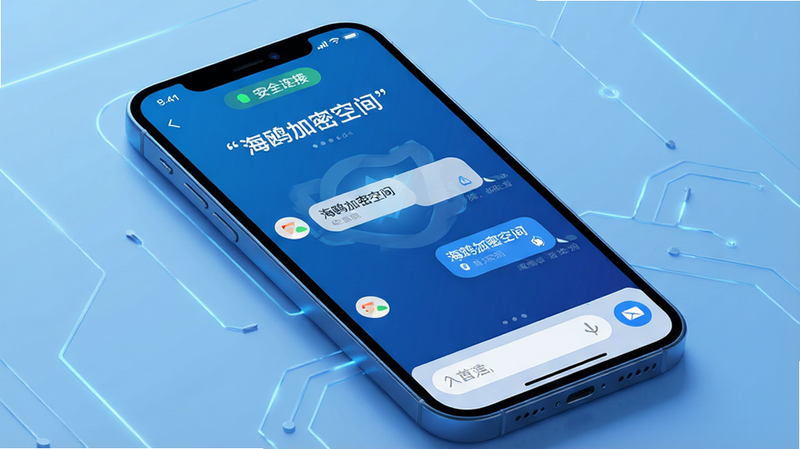 生成一张高科技感的蓝色调界面预览图,主体为手机屏幕,显示“海鸥加密空间”APP界面,布局简洁,顶部有“安全连接”状态栏,中间为聊天气泡,底部为输入框,风格现代极简,细节清晰,画质高清,干净,无多余元素,文字加引号“海鸥加密空间”