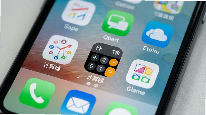 生成一张极简风格的手机桌面截图,主体为多个普通APP图标,其中一个图标伪装成计算器,布局杂乱但有序,排版自然,风格真实摄影,细节逼真,画质高,干净,无多余元素,文字加引号“计算器”