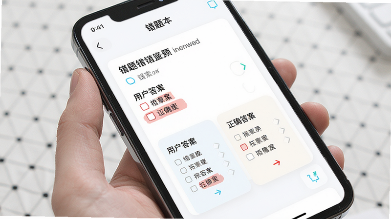 主体为手机界面展示错题本页面,布局为卡片式展示错题详情,包含题目、用户答案和正确答案对比,排版直观明了,风格清新,细节突出红色标记的错误选项,画质高清,干净无多余元素