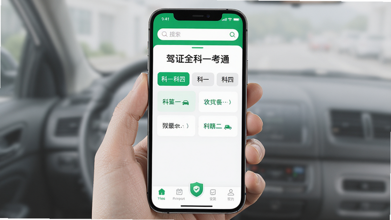 主体为手机屏幕界面展示“驾证全科一考通”APP首页,布局清晰,顶部显示搜索栏,中部为分类标签如科一科四,底部为功能导航,排版整洁,风格简约现代,细节处有绿色主色调点缀,画质高清,干净无多余元素