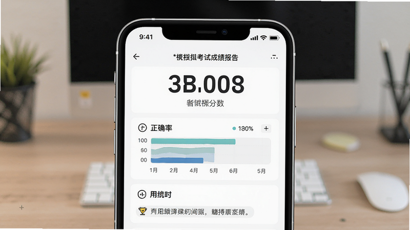 主体为手机界面展示模拟考试成绩报告,布局包含分数大字展示、正确率图表和用时统计,排版专业严谨,风格商务简约,细节处有鼓励语提示,画质清晰,干净无多余元素