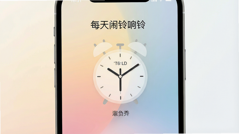 一张现代极简风格的手机屏幕特写图,屏幕中央显示“每天闹铃响铃”应用界面,背景为柔和的晨光渐变,主体清晰,布局居中,无多余元素,高清画质,干净背景