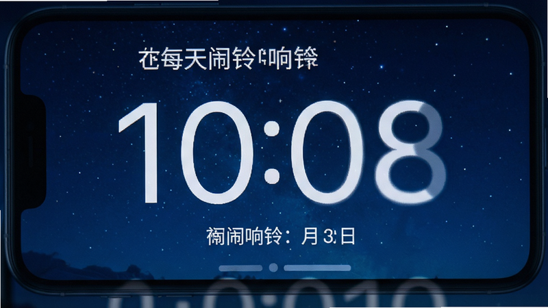 手机夜间模式下的闹钟应用界面,屏幕显示“每天闹铃响铃”,背景为深蓝色夜空,主体突出,布局简洁,风格冷静,细节清晰,高分辨率