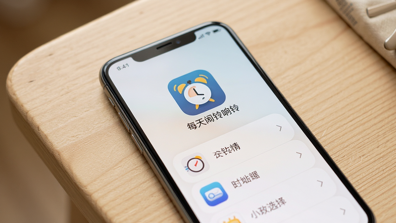 手机屏幕展示铃声选择列表,包含“每天闹铃响铃”应用图标,背景为浅色木纹桌面,主体清晰,排版整齐,风格温馨,细节丰富,高清画质