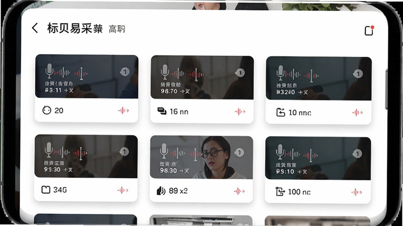 展示标贝易采APP的任务列表页面,列表中显示着不同的录音任务卡片,背景为干净的白色,卡片带有淡淡的阴影,体现层次感,风格简约商务,高清细节