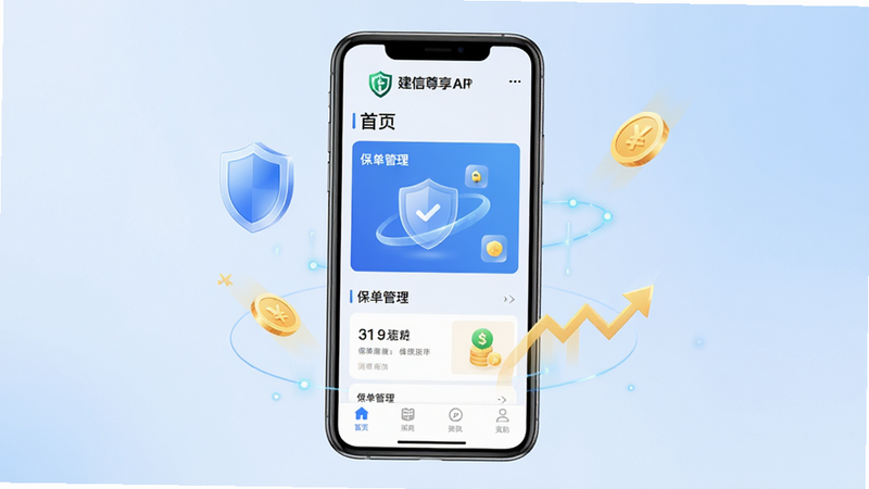 主体为建信尊享APP界面全息预览,布局为居中显示手机模型,屏幕内展示“首页”与“保单管理”核心模块,顶部有清晰的应用Logo,底部为功能导航栏。排版采用极简主义风格,背景为柔和的浅蓝色渐变,突出金融安全与科技感。细节处包含盾牌图标象征安全,金币元素暗示理财属性。画质4k高清,干净无多余元素,文字清晰可见,主体突出。