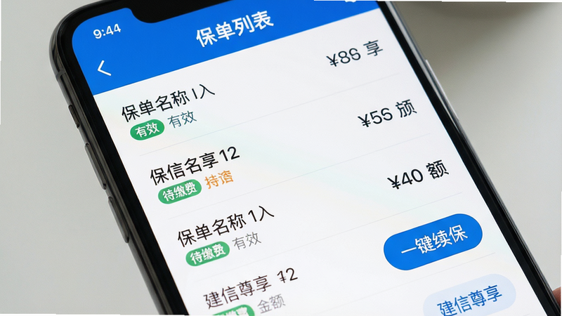 主体为手机屏幕特写,展示“保单列表”界面,布局为垂直列表形式,每条记录显示保单名称、状态标签(有效/待缴费)及金额。排版整齐,行间距适中,风格现代简约,使用蓝白配色。细节处有高亮显示的“一键续保”按钮。画质清晰,无水印,文字“建信尊享”清晰可辨。