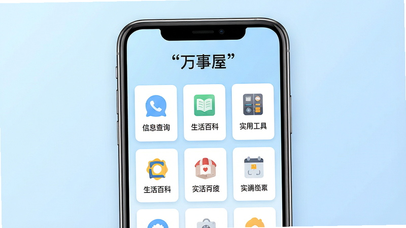主体为一款名为“万事屋”的手机应用界面预览图,布局采用清新简约的卡片式设计,顶部显示“万事屋”标题,中间排列着多个功能图标如“信息查询”、“生活百科”、“实用工具”等,背景为柔和的浅蓝色渐变,风格现代扁平化,细节清晰,画质4k高清,干净无多余元素,文字“万事屋”加引号显示在顶部中央