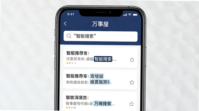 主体为“万事屋”APP的搜索界面演示,布局展示搜索框位于顶部,下方列出多条智能推荐结果,风格简洁明快,细节处高亮显示匹配关键词,画质清晰,干净无杂乱元素,文字“智能搜索”加引号显示在搜索框内