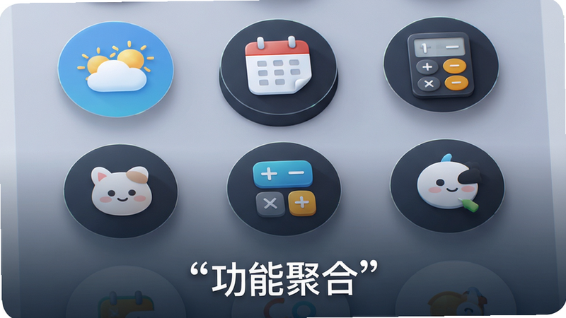 主体为“万事屋”APP的功能聚合界面特写,布局展示多个圆形图标整齐排列,包括天气、日历、计算器等,风格科技感与亲和力并存,细节处图标边缘有柔和阴影,画质高清锐利,干净背景,文字“功能聚合”加引号显示在底部