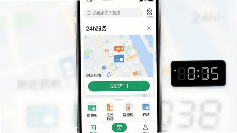主体为药惠多无人药房APP界面全屏展示,布局采用清爽白色背景,顶部显示搜索栏与定位图标,中部突出“附近药柜”地图模块与绿色“立即开门”按钮,底部为分类导航,风格简洁现代科技感,细节处体现药品包装图标与数字时钟元素,画质清晰高清,干净无多余元素,文字内容包含“药惠多无人药房”、“24h服务”、“智能购药”