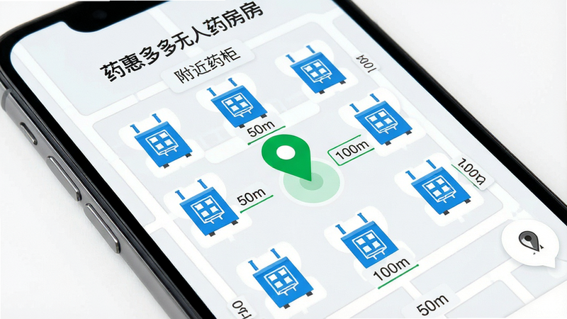 主体为智能手机屏幕特写,显示药惠多无人药房的地图定位界面,布局中心为绿色定位点,周围环绕多个代表药柜的蓝色图标,排版直观清晰,风格扁平化设计,细节展示距离标注如“50m”、“100m”,画质锐利,干净背景,文字包含“药惠多无人药房”、“附近药柜”