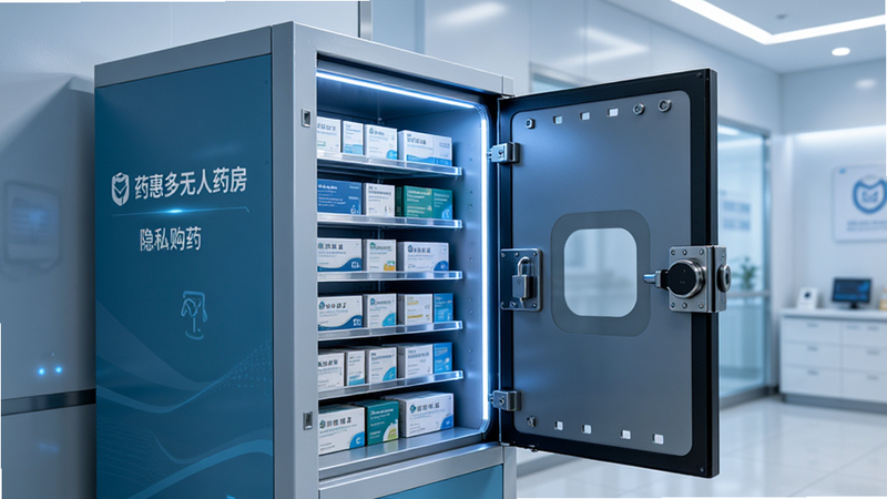 主体为无人药房智能柜体的侧面视角,布局展示柜门微开状态,内部整齐排列着药盒,排版紧凑有序,风格冷色调科技感,细节强调锁具结构与防窥设计,画质清晰,干净环境背景,文字包含“药惠多无人药房”、“隐私购药”