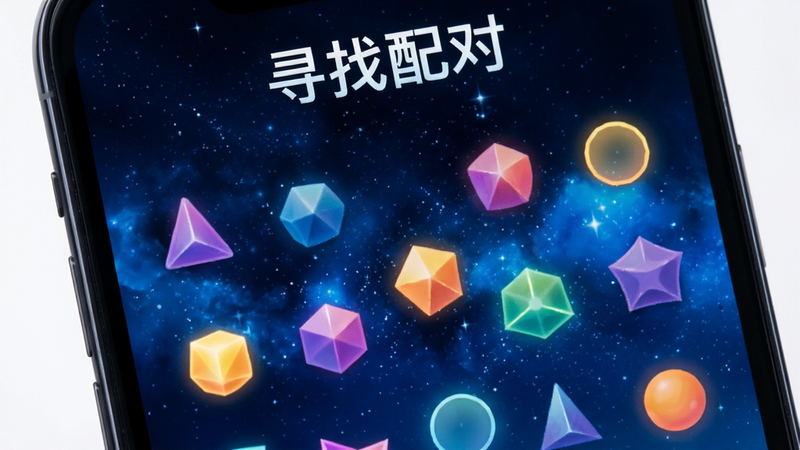 手机屏幕特写,显示‘相约成对’游戏关卡界面,背景为深蓝色星空,前景散布着多个不同形状的彩色几何图形,部分图形被高亮显示,布局散点状,风格科技感与梦幻结合,细节清晰,画质极高,干净无杂乱,文字‘寻找配对’位于顶部