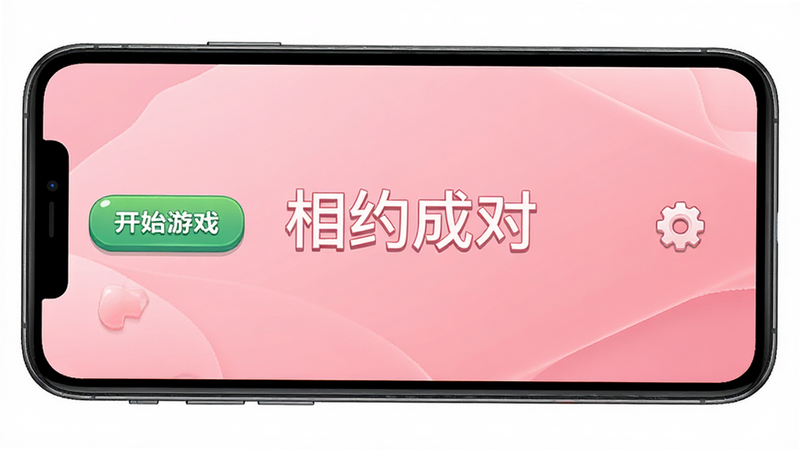 主体为手机屏幕界面,显示‘相约成对’游戏主菜单,布局整洁,左侧为开始游戏按钮,右侧为设置图标,背景为柔和渐变粉色,风格清新简约,细节丰富,画质高清,干净无多余元素,文字‘相约成对’居中显示
